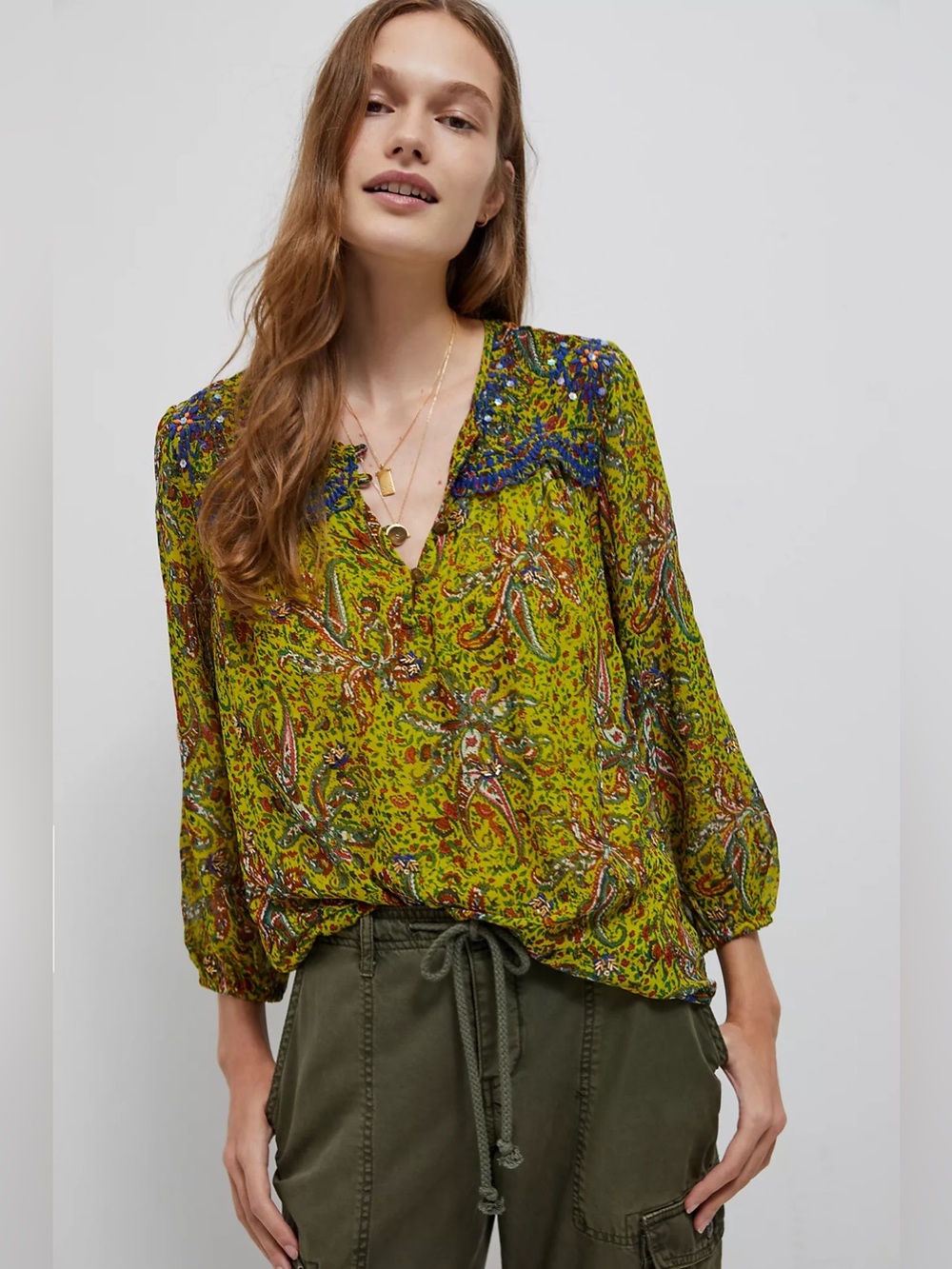 Anthropologie Beaded Priya Blouse Printed Green Size Large *388